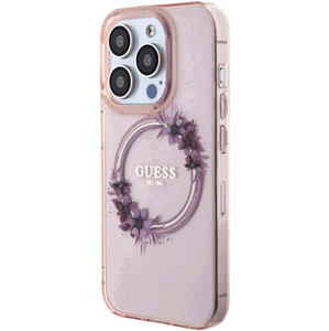 Plastové puzdro Guess na Apple iPhone 15 Pro GUHMP15LHFWFCP Flowers Ring Glossy Logo MagSafe ružové