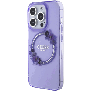 Plastové puzdro Guess na Apple iPhone 15 Pro GUHMP15LHFWFCU Flowers Ring Glossy Logo MagSafe fialové