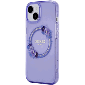 Plastové puzdro Guess na Apple iPhone 15 GUHMP15SHFWFCU Flowers Ring Glossy Logo MagSafe fialové