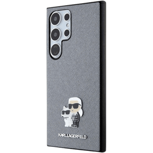 Plastové puzdro Karl Lagerfeld na Samsung Galaxy S24 Ultra 5G S928 KLHCS24SPSAKCMPG Saffiano Karl and Choupette Metal Pin sivé
