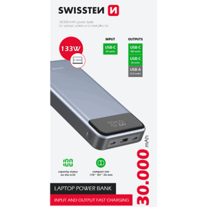 SWISSTEN PowerBank, 30000mAh, Power Delivery 133W, modrá