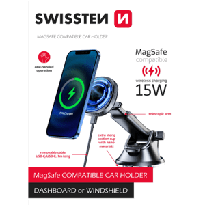 SWISSTEN Magnetic, magnetický držiak, bezdrôtové nabíjanie 15W Magsafe, čierny