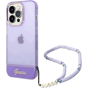 Plastové puzdro Guess na Apple iPhone 14 Pro Max GUHCP14XHGCOHU IML Electro Cam w. Strap fialové