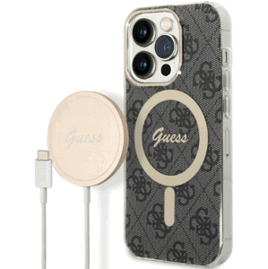 Set plastové puzdro a nabíjačka Guess na Apple iPhone 14 Pro GUBPP14LH4EACSK Magsafe 4G zlato-čierna