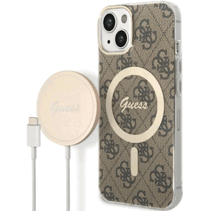 Set plastové puzdro a nabíjačka Guess na Apple iPhone 14 GUBPP14SH4EACSW Magsafe 4G zlato-hnedá