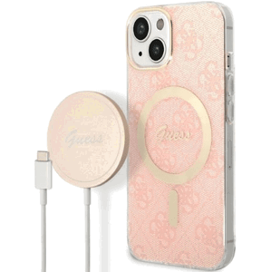 Set plastové puzdro a nabíjačka Guess na Apple iPhone 14 Plus GUBPP14MH4EACSP Magsafe 4G zlato-ružová