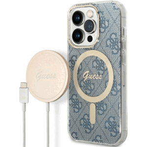 Set plastové puzdro a nabíjačka Guess na Apple iPhone 14 Pro GUBPP14LH4EACSB Magsafe 4G zlato-modrá