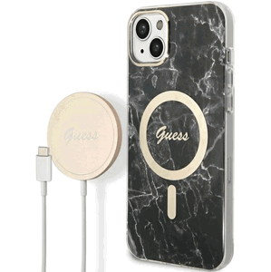 Set plastové puzdro a nabíjačka Guess na Apple iPhone 14 Plus GUBPP14MHMEACSK Magsafe IMG Marble zlato-čierne