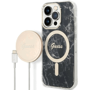 Set plastové puzdro a nabíjačka Guess na Apple iPhone 14 Pro GUBPP14LHMEACSK Magsafe IMG Marble zlato-čierne