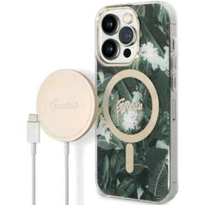 Set plastové puzdro a nabíjačka Guess na Apple iPhone 14 Pro Max GUBPP14XHJEACSA Magsafe IMG Jungle zlato-zelené