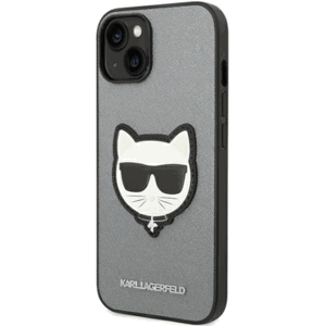 Plastové puzdro Karl Lagerfeld na Apple iPhone 14 Plus KLHCP14MSAPCHG PU Saffiano Choupette Head Patch strieborné