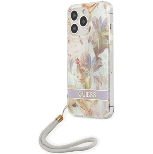 Plastové puzdro Guess na Apple iPhone 13 Pro Max GUHCP13XHFLSU Flower Strap fialové