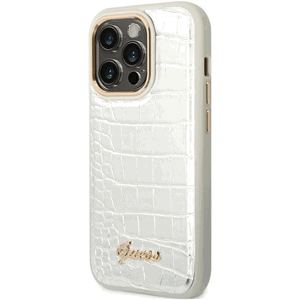 Plastové puzdro Guess na Apple iPhone 14 Pro GUHCP14LHGCRHS Croco Metal Outline strieborné