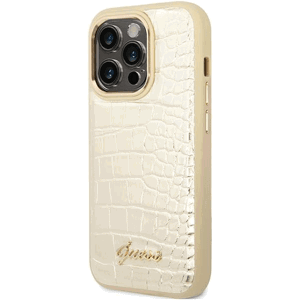 Plastové puzdro Guess na Apple iPhone 14 Pro GUHCP14LHGCRHD Croco Metal Outline zlaté