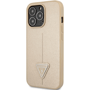 Plastové puzdro Guess na Apple iPhone 14 Pro Max GUHCP14XPSATLE HC Saffiano PU Triangle béžové