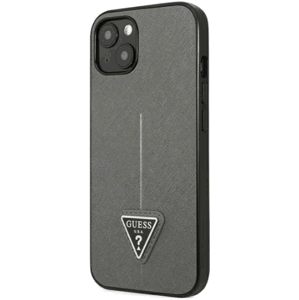 Plastové puzdro Guess na Apple iPhone 14 Plus GUHCP14MPSATLG HC Saffiano PU Triangle strieborné