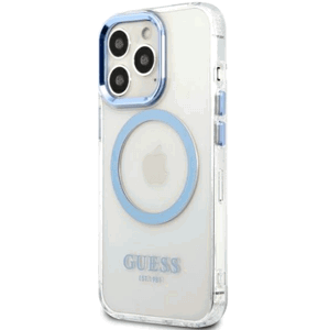 Plastové puzdro Guess na Apple iPhone 13 Pro GUHMP13LHTRMB Metal Outline Magsafe modré