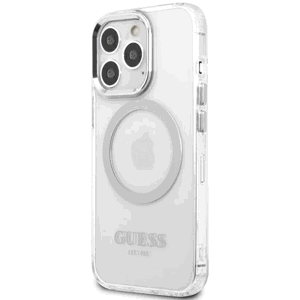 Plastové puzdro Guess na Apple iPhone 13 Pro GUHMP13LHTRMS Metal Outline Magsafe strieborné