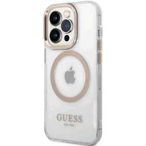 Plastové puzdro Guess na Apple iPhone 14 Pro Max GUHMP14XHTRMD Transparent MagSafe zlaté