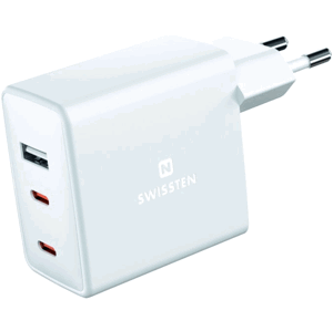 Sieťová nabíjačka Swissten GaN 2x USB-C + 1xUSB 70W, biela