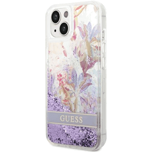 Plastové puzdro Guess na Apple iPhone 14 GUHCP14SLFLSU Flower Liquid Glitter fialové