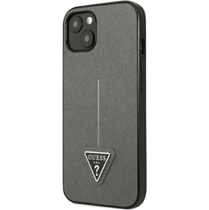 Plastové puzdro Guess na Apple iPhone 14 Pro Max GUHCP14XPSATLG HC Saffiano PU Triangle strieborné