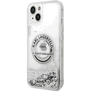 Plastové puzdro Karl Lagerfeld na Apple iPhone 14 KLHCP14SLCRSGRS Liquid Glitter Round RSG Logo strieborné