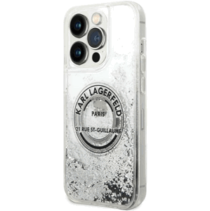 Plastové puzdro Karl Lagerfeld na Apple iPhone 14 Pro Max KLHCP14XLCRSGRS Liquid Glitter RSG strieborné