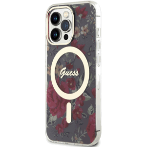 Plastové puzdro Guess na Apple iPhone 14 Pro GUHMP14LHCFWSA Flowers IML MagSafe Kaki