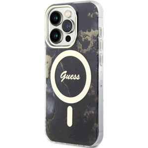 Plastové puzdro Guess na Apple iPhone 14 Pro GUHMP14LHTMRSK Marble IML MagSafe čierne