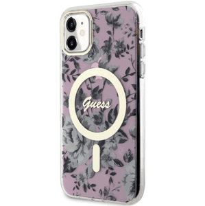 Plastové puzdro Guess na Apple iPhone 11 GUHMN61HCFWSP Flowers IML MagSafe ružové