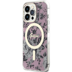 Plastové puzdro Guess na Apple iPhone 13 Pro GUHMP13LHCFWSP Flowers IML MagSafe ružové