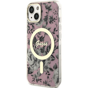 Plastové puzdro Guess na Apple iPhone 14 GUHMP14SHCFWSP Flowers IML MagSafe ružové