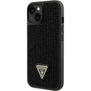 Plastové puzdro Guess na Apple iPhone 14 GUHCP14SHDGTPK Rhinestones Triangle Metal Logo čierne