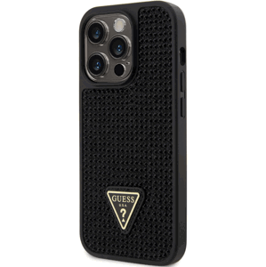 Plastové puzdro Guess na Apple iPhone 14 Pro GUHCP14LHDGTPK Rhinestones Triangle Metal Logo čierne