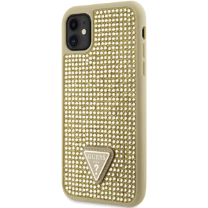 Plastové puzdro Guess na Apple iPhone 11 GUHCN61HDGTPD Rhinestones Triangle Metal Logo zlaté