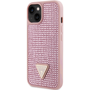 Plastové puzdro Guess na Apple iPhone 14 GUHCP14SHDGTPP Rhinestones Triangle Metal Logo ružové