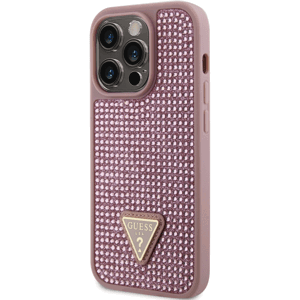 Plastové puzdro Guess na Apple iPhone 14 Pro GUHCP14LHDGTPP Rhinestones Triangle Metal Logo ružové