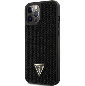 Plastové puzdro Guess na Apple iPhone 12 Pro Max GUHCP12LHDGTPK Rhinestones Triangle Metal Logo čierne