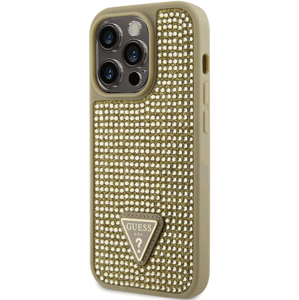 Plastové puzdro Guess na Apple iPhone 14 Pro Max GUHCP14XHDGTPD Rhinestones Triangle Metal Logo zlaté