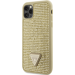 Plastové puzdro Guess na Apple iPhone 11 Pro Max GUHCN65HDGTPD Rhinestones Triangle Metal Logo zlaté