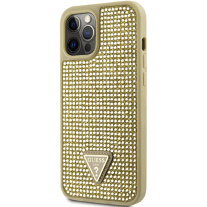 Plastové puzdro Guess na Apple iPhone 12 Pro Max GUHCP12LHDGTPD Rhinestones Triangle Metal Logo zlaté