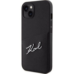 Plastové puzdro Karl Lagerfeld na Apple iPhone 13 KLHCP13MSAPKSK Saffiano Card Slot Metal Signature čierne