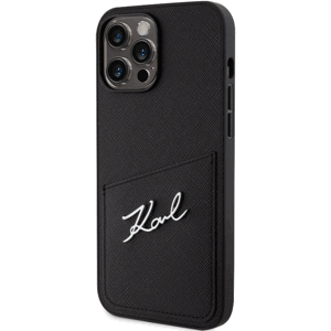 Plastové puzdro Karl Lagerfeld na Apple iPhone 13 Pro Max KLHCP13XSAPKSK Saffiano Card Slot Metal Signature čierne