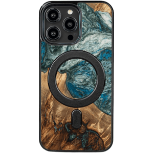 Drevené puzdro na Apple iPhone 14 Pro Max Bewood Unique Planet Earth MagSafe Wood and Resin modro-zelené