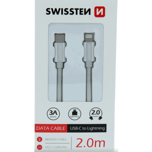 Kábel SWISSTEN Textile, USB-C na Lightning, 2m, strieborný