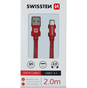 Kábel SWISSTEN Textile, USB-A na USB-C 3.0A, 2m červený