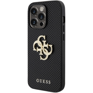 Plastové puzdro Guess na Apple iPhone 15 GUHCP15SPSP4LGK Leather Perforated 4G Glitter Logo čierne