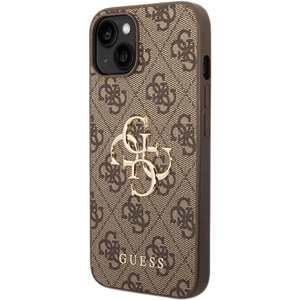 Plastové puzdro Guess na Apple iPhone 15 GUHCP15S4GMGBR 4G Metal Logo hnedé