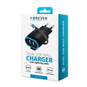 Sieťová nabíjačka Forever TC-02 2xUSB 2.4 A s lightning káblom čierna